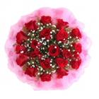 台州路桥鲜花：真诚的爱——21枝云南昆明顶级红玫瑰、黄莺、满天星点缀，紫纱（红纱）精装，同色丝带束扎。
