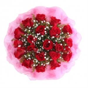 台州路桥鲜花：真诚的爱——21枝云南昆明顶级红玫瑰、黄莺、满天星点缀，紫纱（红纱）精装，同色丝带束扎。